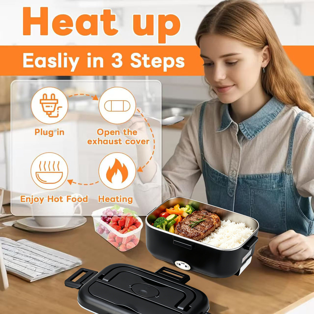 DCUTIE Heated Lunch Box, 1.8L Stainless Steel Food Warmer for Adults, 80W Portable