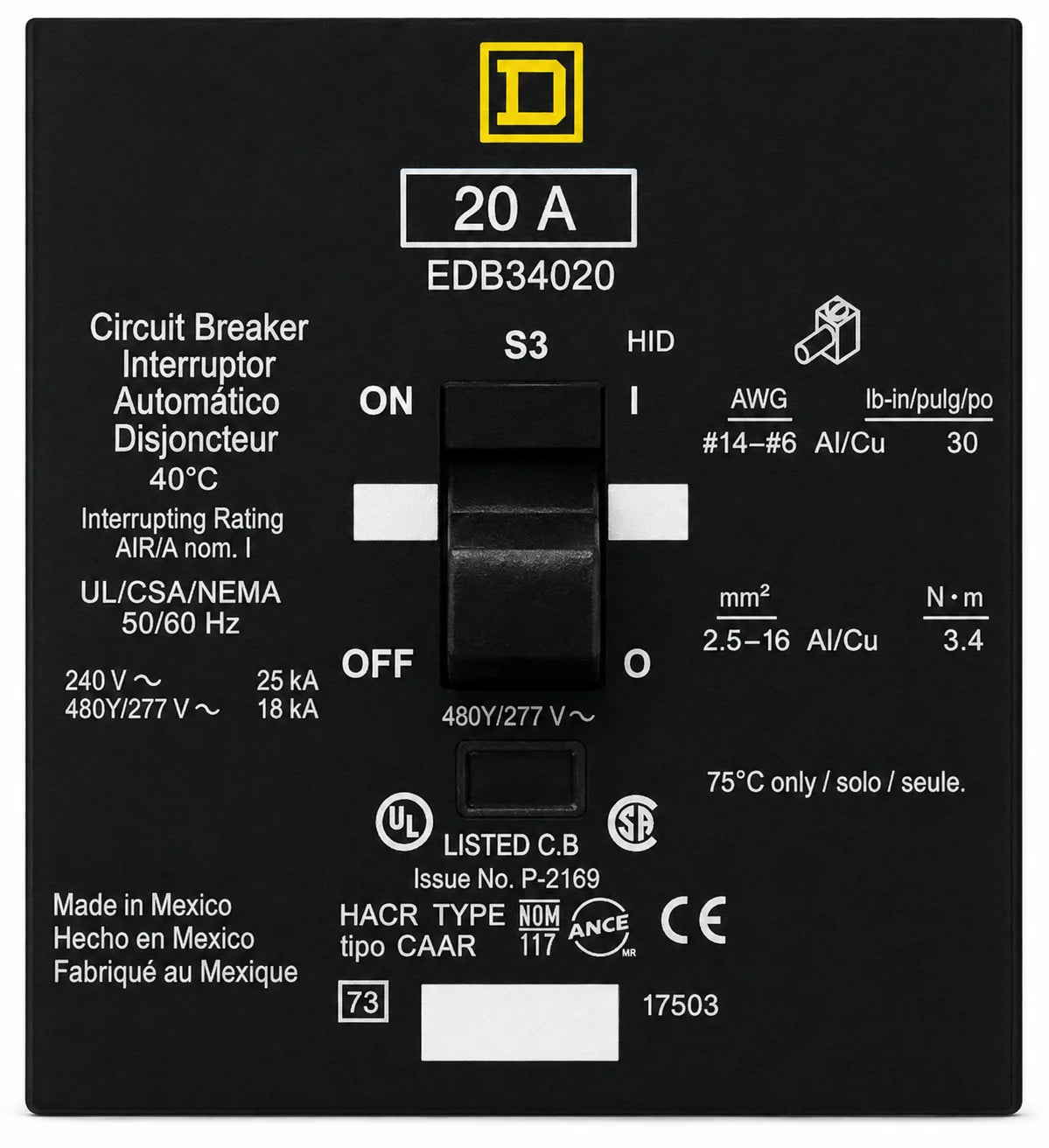 Square D EDB34020 20 Amp 3 Pole 480Y/277V Type EDB Circuit Breaker - view 2