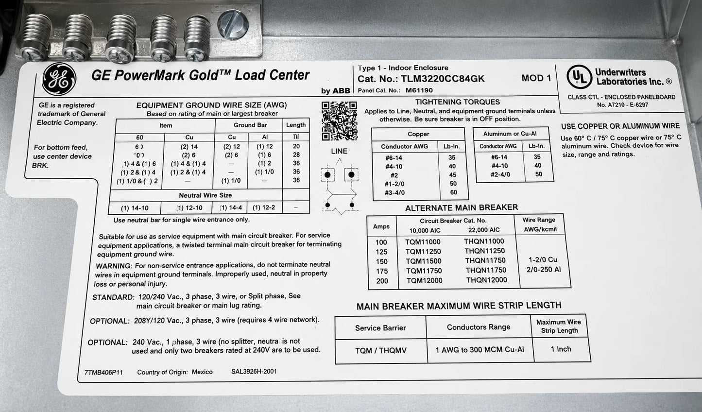 GE TLM3220C64GK 200 Amp 32 Space/64 Circuit 1 PH 120/240V Main Lug Load Center