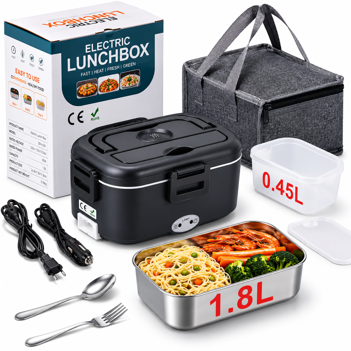 DCUTIE Heated Lunch Box, 1.8L Stainless Steel Food Warmer for Adults, 80W Portable