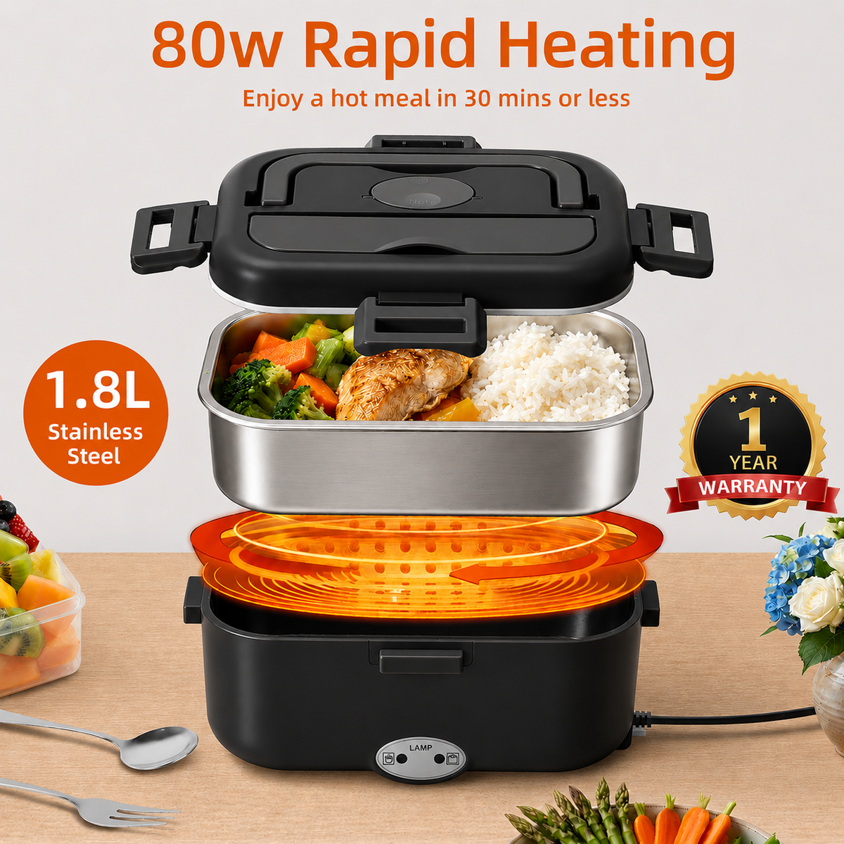 DCUTIE Heated Lunch Box, 1.8L Stainless Steel Food Warmer for Adults, 80W Portable