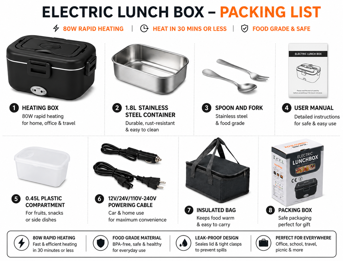 DCUTIE Heated Lunch Box, 1.8L Stainless Steel Food Warmer for Adults, 80W Portable