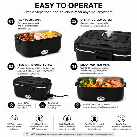 DCUTIE Heated Lunch Box, 1.8L Stainless Steel Food Warmer for Adults, 80W Portable