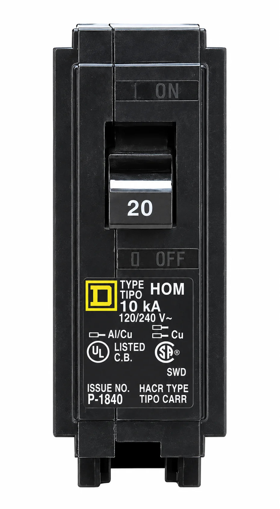Square D HOM120 20 Amp 1 Pole 120/240V Circuit Breaker - Yellow Face