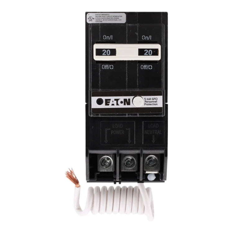 NEW - Eaton BRN220GF 20A 120/240V 2-Pole GFCI Circuit Breaker for BR Loadcenters, Pigtail Neutral, Ground Fault Protection