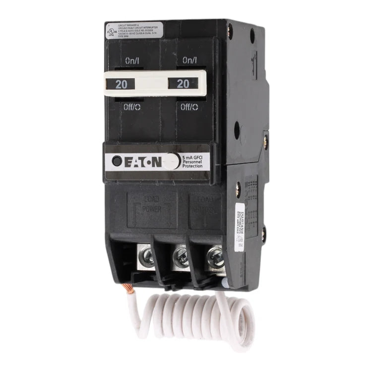 NEW - Eaton BRN220GF 20A 120/240V 2-Pole GFCI Circuit Breaker for BR Loadcenters, Pigtail Neutral, Ground Fault Protection