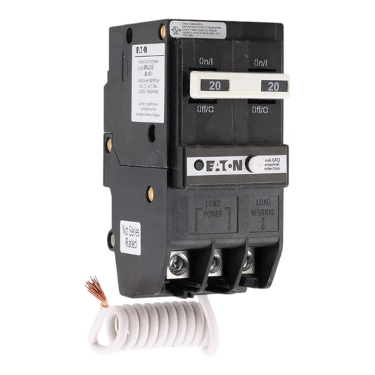 NEW - Eaton BRN220GF 20A 120/240V 2-Pole GFCI Circuit Breaker for BR Loadcenters, Pigtail Neutral, Ground Fault Protection