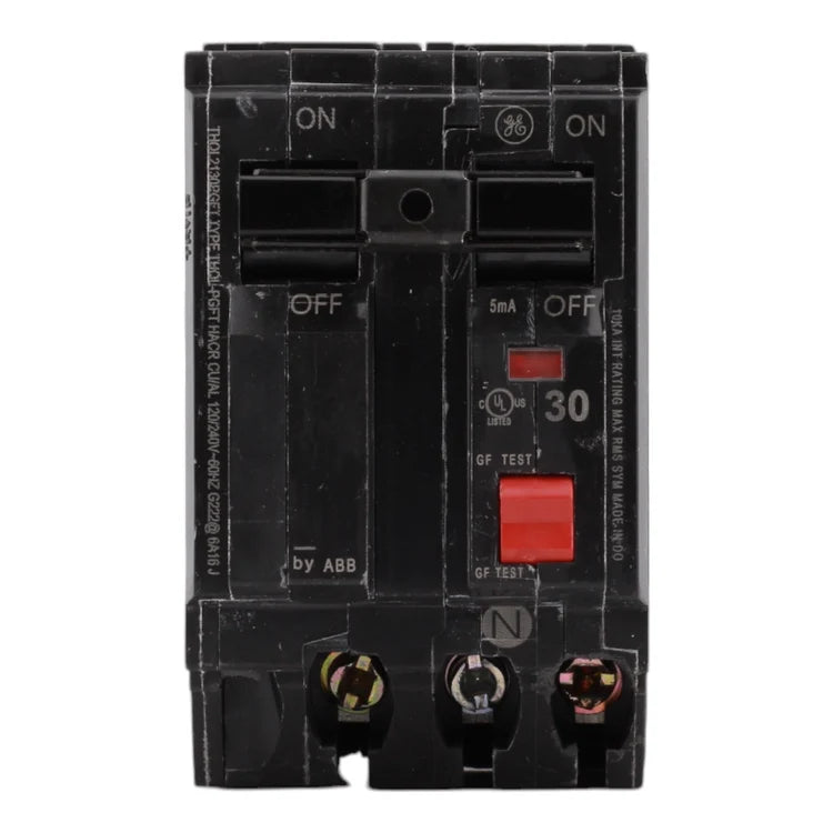 GE THQL2130PGFT, 30 Amps, 2 Pole, 120/240 Volts, Ground Fault Circuit Breaker, GFCI, 10kA, Plug-On Mount, Plug-On Neutral Connection, for GE Panels